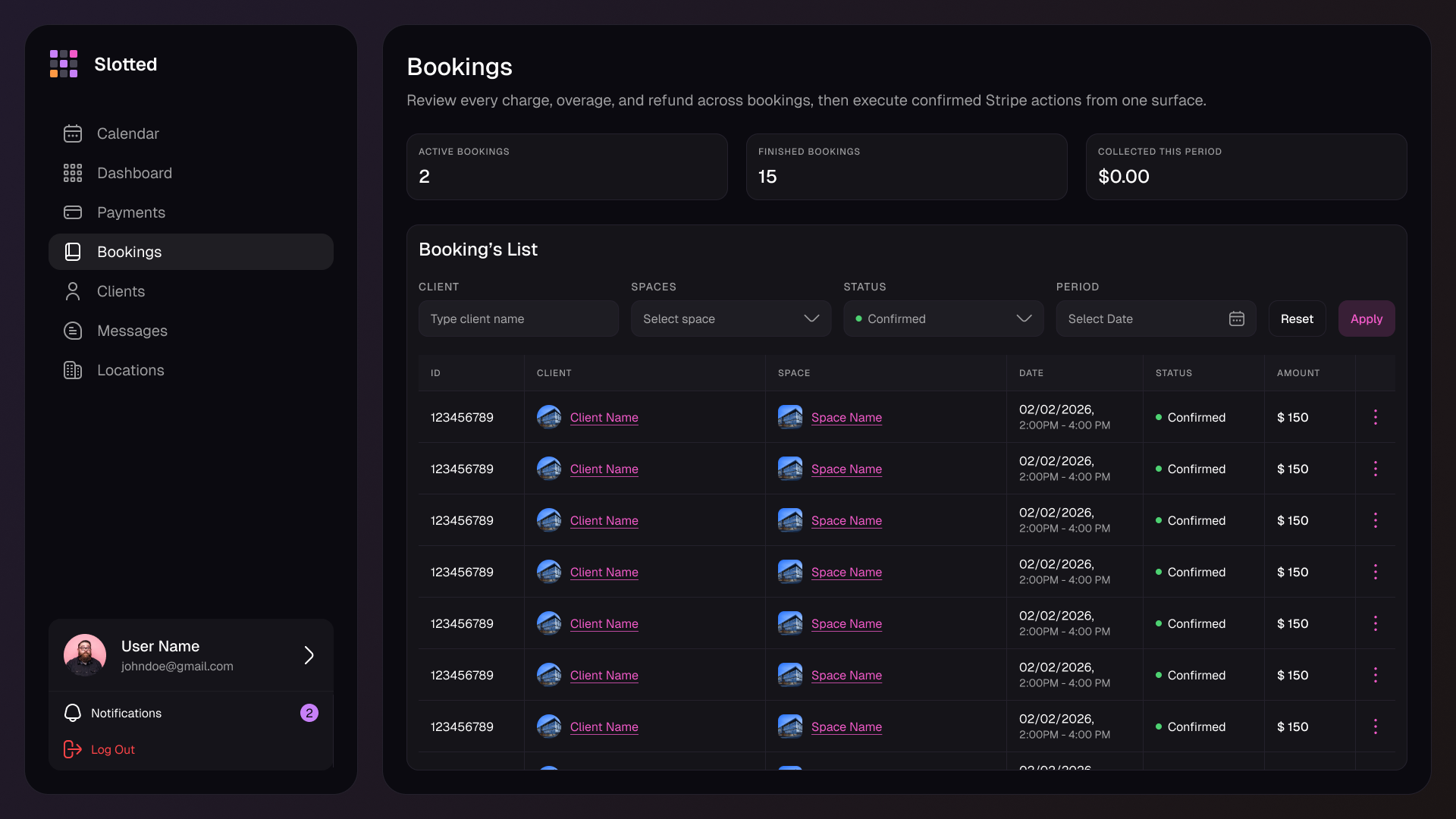 Booking platform screenshot
